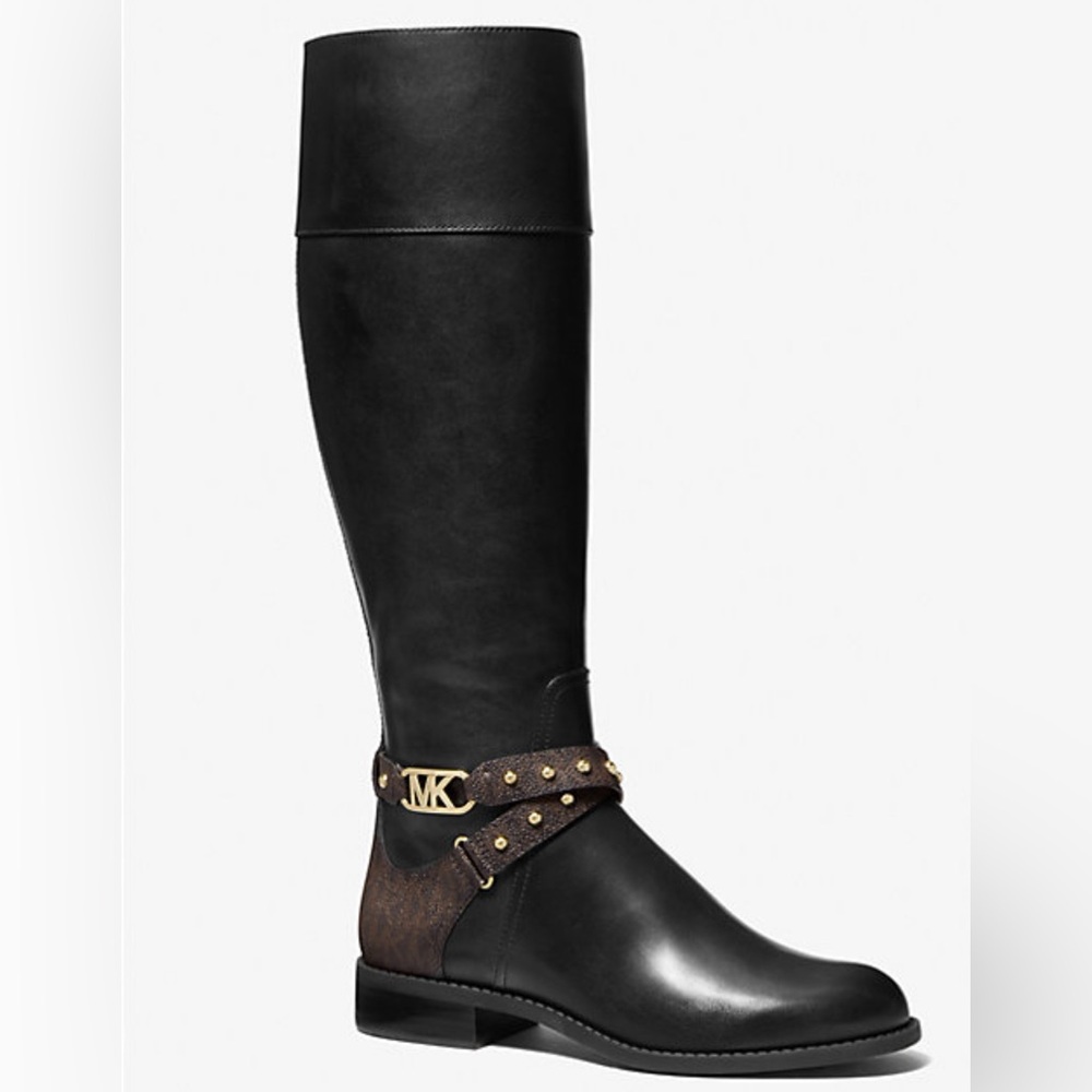 Michael Kors Kincaid leather & logo riding boots in black & brown Knee-High NWT
